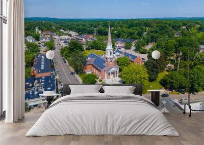 Aerial view of Wellesley Congregational Church and Central Street in town center of Wellesley, Massachusetts MA, USA. Wall mural