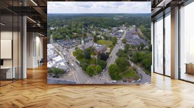 Aerial view of Wellesley Congregational Church and town center, Wellesley, Massachusetts, USA. Wall mural