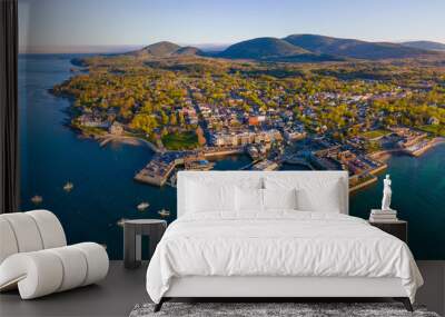 Bar Harbor historic town center panorama aerial view at sunset, with Cadillac Mountain in Acadia National Park at the background, Bar Harbor, Maine ME, USA.  Wall mural