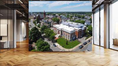 Beverly Public Library aerial view at 32 Essex Street with Cabot Street at the background in historic city center of Beverly, Massachusetts MA, USA.  Wall mural