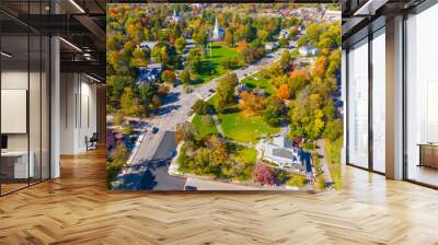 Lexington town center aerial view in fall including Visitor Center, Lexington Common and First Parish Church, town of Lexington, Massachusetts MA, USA.  Wall mural