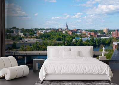 Manchester historic city skyline including Merrimack River, Granite Street Bridge and West Side Sainte Marie Parish church in Manchester, New Hampshire NH, USA.  Wall mural