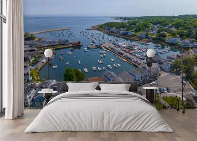 Rockport Harbor aerial view including Bearskin Neck and Motif Number 1 building in historic waterfront village of Rockport, Massachusetts MA, USA.  Wall mural