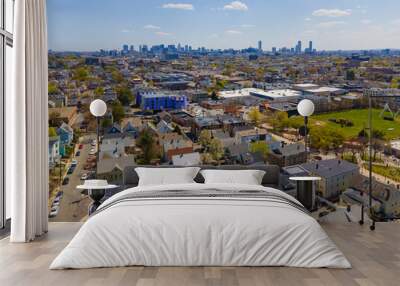 Somerville city center aerial view on Somerville Avenue with Boston skyline at the background in spring, city of Somerville, Massachusetts MA, USA.  Wall mural