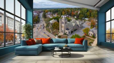 Village Congregational Church aerial view at 5 Church Street in fall with foliage in historic village of Whitinsville, town of Northbridge, Massachusetts MA, USA.  Wall mural