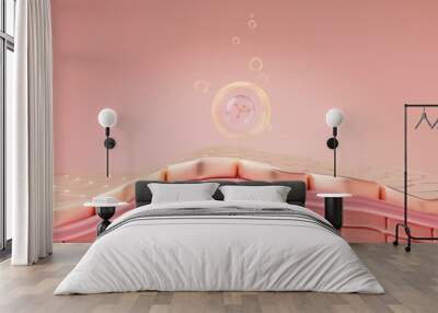 Bubble oil serum and skin layer on pink background. 3D illustration Wall mural