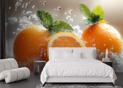 A close up of two oranges and a green leaf on top of a table Wall mural