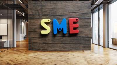 Word 'SME' from wooden letters on dark wooden background Wall mural