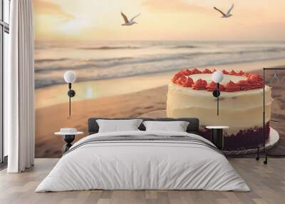 A beautifully frosted red velvet cake with soft cream cheese frosting sits on a rustic wooden table, placed right on the sandy beach. Gentle waves roll up to the shore as the golden sunset. Wall mural