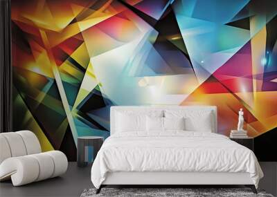 A graphic with overlapping geometric shapes, each glowing with different hues and light intensities, expressing a range of emotions from passion to contemplation in abstract form. Wall mural