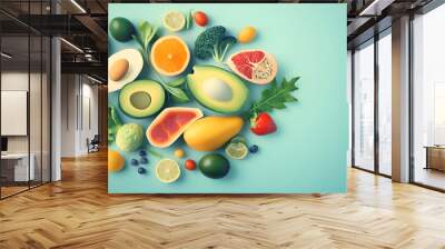 Conceptual illustration of a balanced and nutritious healthy diet, highlighting fresh ingredients and wellness-focused eating habits. Wall mural