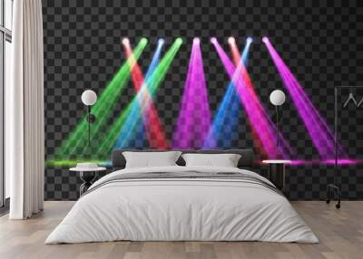 Disco club colorful stage spotlight. Vector illustration with transparent background. Spot light neon sources, light beams Wall mural