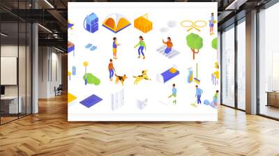 Family leisure activities isometric icon set. Father, mother, kid on picnic, walking with dog, cleaning house, vector. Wall mural