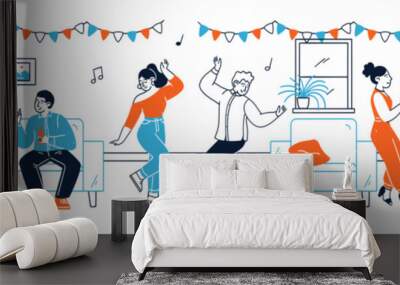 Group of diverse friends characters celebrating party at home Wall mural