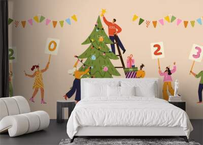 Happy people celebrating holiday and decorating christmas tree. Man and woman celebrate and having fun with friends. New year and christmas party. Vector banner Wall mural