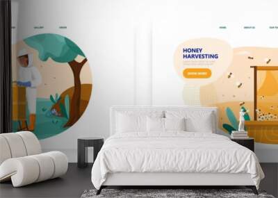 Honey harvesting landing page design, website banner vector template set. Apiary farm. Beekeeper. Bee hive. Apiculture. Wall mural