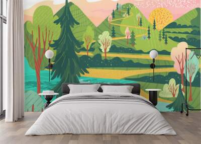 Man in mountain vector landscape flat illustration Wall mural