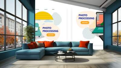 Photo processing landing page design, website banner vector template set. Digital photo retouching, editing service. Wall mural