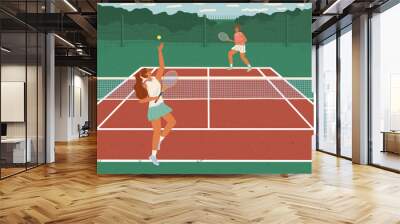 Two girls playing tennis on clay court vector illustration. Woman tennis players with rackets play in tournament Wall mural