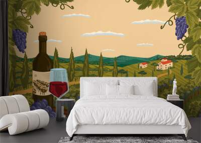 Vineyard landscape with grape tree field and winery farm on background. Red wine bottle with glass. Hand draw vector illustration poster Wall mural