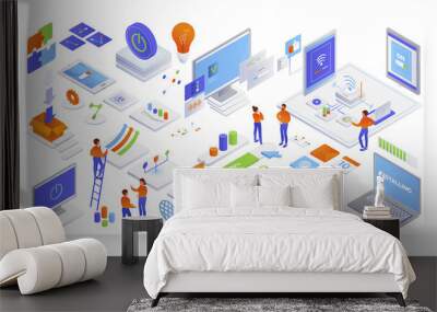 Wifi internet connection. Software installation, flat vector isometric illustration. Wall mural