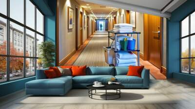 A tidy hotel corridor with a cart of cleaning supplies, fresh linens, and a clipboard, symbolizing the duties of a diligent housekeeping supervisor. Wall mural