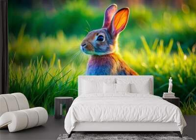 A vibrant bunny rises from the lush green grass of a sunny meadow, its fur a kaleidoscope of colors in the warm afternoon light. Wall mural