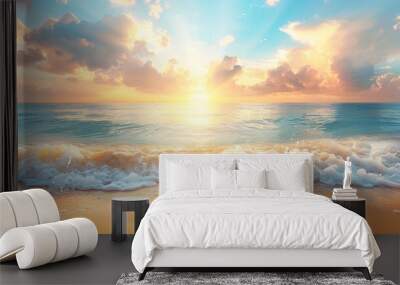 Beautiful sea summer or spring abstract background. Golden sand beach with blue ocean and cloudscape and sunset in the back. Wall mural