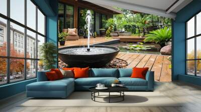 Black chair in wood patio at green garden with fountain in house. Outdoor garden Wall mural