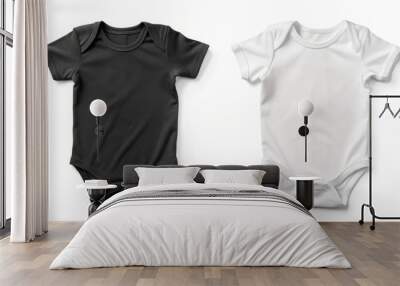 Blank infant bodysuit template in white and black isolated on white background with front and back sides visible from above. Wall mural