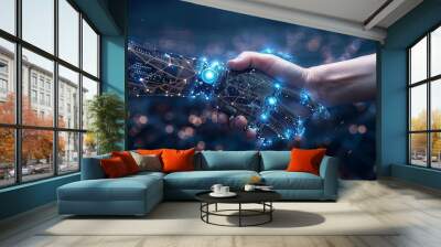 Businessperson shaking hand with digital partner over futuristic background. Artificial intelligence Wall mural