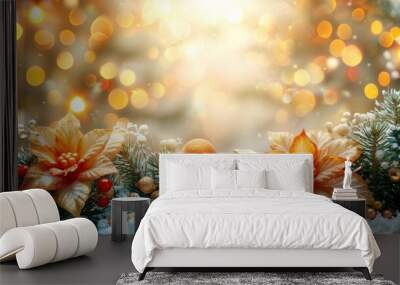 Christmas and New Year background with golden poinsettias, fir branches and Christmas balls. Wall mural