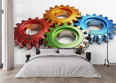 Colorful interlocking 3D gears with metallic surface and subtle shadows isolated on a clean white background, symbolizing efficient machinery. Wall mural