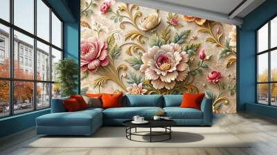 Elegant 3d illustration of classic floral patterns on a luxurious wallpaper for sophisticated home interior classic decorations background. Wall mural