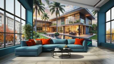 Exquisite modern villa with sleek lines, vast windows, and lush greenery, nestled among majestic palm trees in a serene landscape. Wall mural