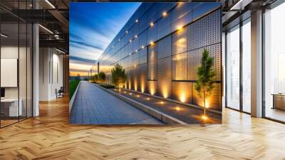 futuristic and minimalist outdoor wall with sleek metal accents and modern college building reflected in mirrored surface at dusk Wall mural