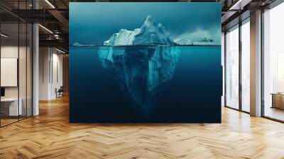 Gigantic iceberg rises from dark blue ocean depths, its submerged mass looming large, symbolizing hidden dangers of global warming and climate change. Wall mural