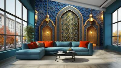 Intricately designed golden mosque door with Arabic patterns and lanterns on a dark blue background for Ramadan Kareem celebration. Wall mural