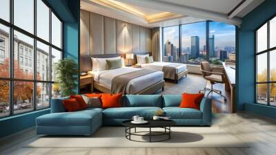 Modern hotel room with two comfortable beds, sleek work desk, and floor-to-ceiling window offering breathtaking urban skyline views, perfect for business travelers or city enthusiasts alike. Wall mural