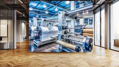 Modern industrial printing machinery with intricate transfer rollers, ink reservoirs, and precision gears in a clean factory setup. Wall mural