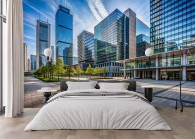 Modern office buildings tower over an empty ground floor plaza in the city's downtown district, featuring sleek architecture and a spacious, barren urban landscape. Wall mural