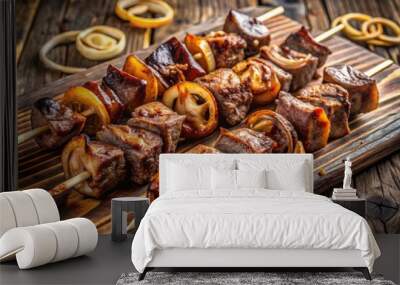 Photo image of juicy beef cubes alternating with crispy onion slices on wooden skewers, sizzling on a grill with a rustic wooden background. Wall mural