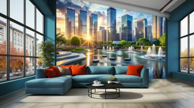 Serenity inducing abstract landscape with calming water features promoting mental health in the workplace amidst chaotic city skyscrapers backdrop. Wall mural