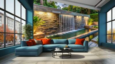 Sleek modern outdoor water feature with wide waterfall cascading down a natural stone wall amidst lush greenery, featuring ample copy space for garden design concepts. Wall mural