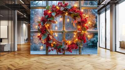 sparkling crimson eucalyptus wreath adorned festive fairy lights on snowflakes kissed windowpane Wall mural