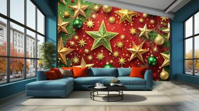 Sparkling golden stars scattered across a luxurious red and green festive Christmas background with intricate ornaments and subtle snowflakes. Wall mural