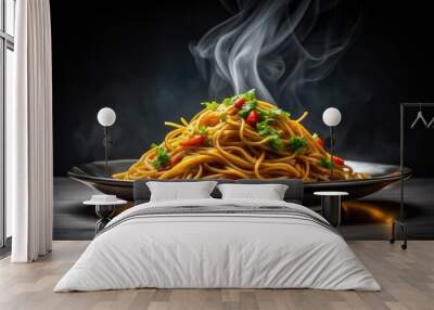 Stunning culinary still life featuring a steaming plate of golden lo mein noodles on a clean, isolated transparent background. Wall mural