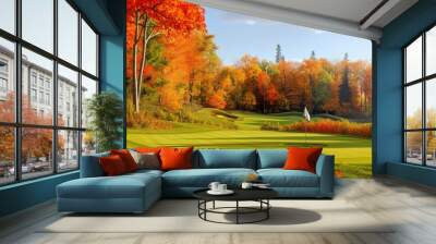 The perfect day for a round of golf. The sun is shining, the birds are singing, and the leaves are just starting to turn. Wall mural