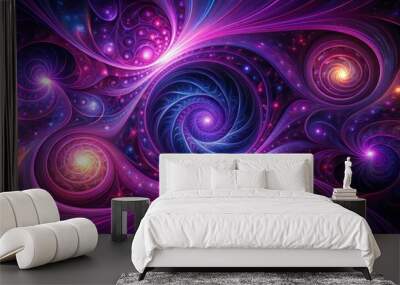 Vibrant purple and pink swirling patterns dance across a dark, mysterious black background, evoking a mesmerizing, futuristic, and cosmic visual experience in digital art. Wall mural