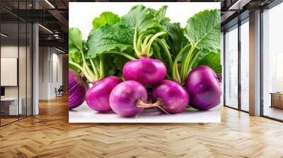 Vibrant purple turnips with fresh green leaves stand isolated against a transparent backdrop, showcasing their natural beauty and freshness. Wall mural